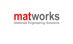 Logo matworks in rot-schwarzer Schriftfarbe. Slogan unterhalb des Namens Materials Engineering Solutions.