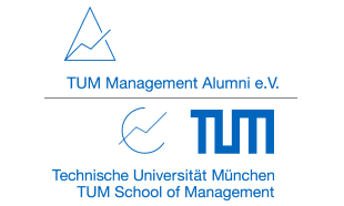 Logo TUM Management Alumni, Technische Universität München, TUM School of Management in blauer Schriftfarbe.